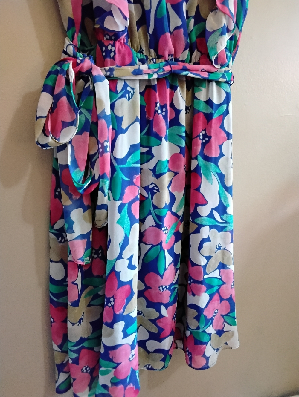 Calvin Klein Blue Floral Flutter Sleeve Dress with Tie Waist – Size 12 EUC - Picture 9 of 16